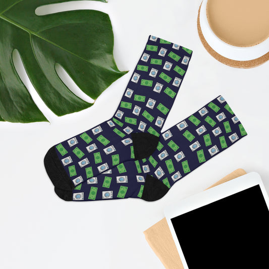 Money Laundering Pattern Socks — Washing Machine & Dollar Bill Novelty Socks